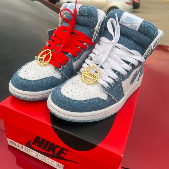 denim jordan 1 red laces